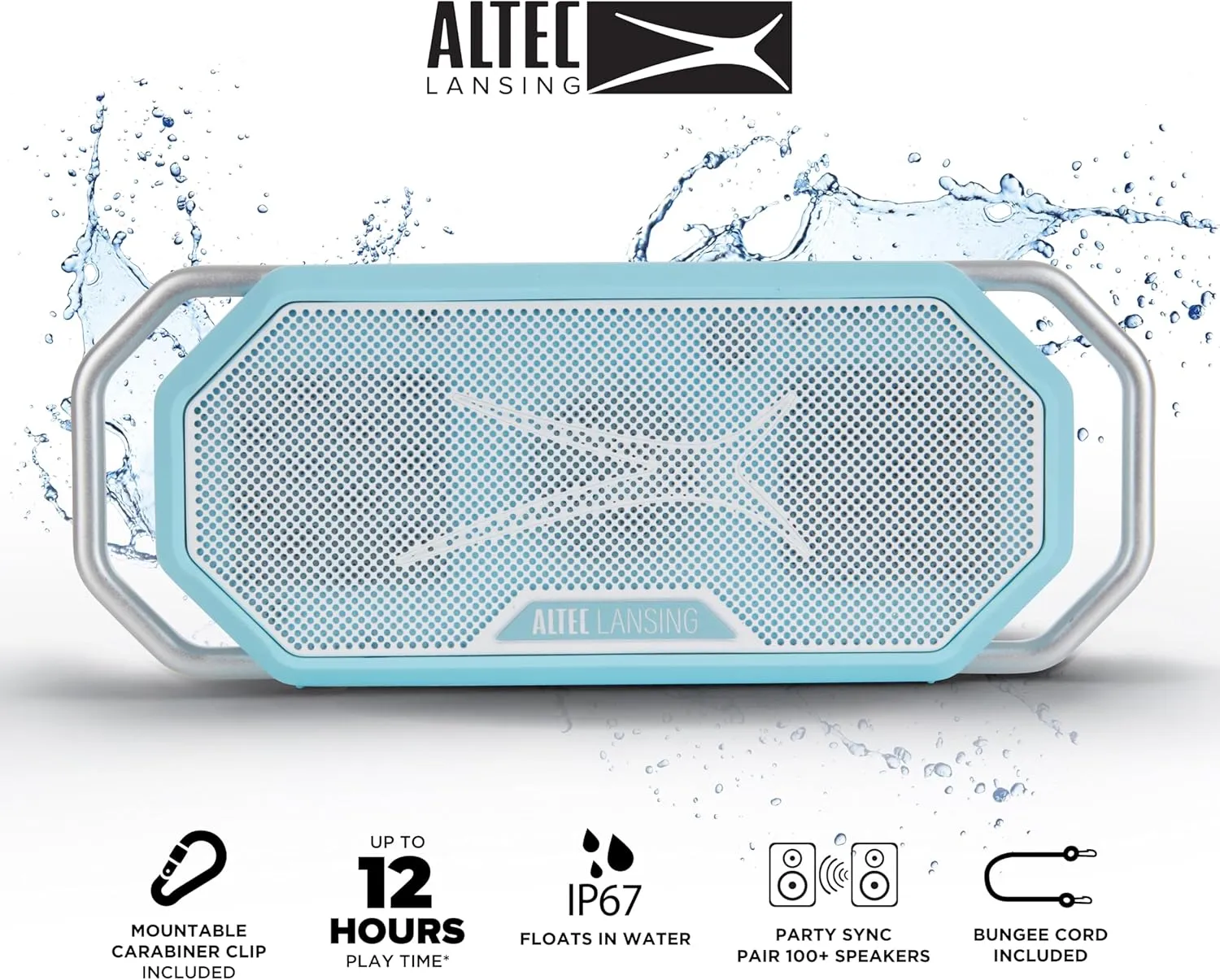 Altec Lansing HydraWAVE Portable Bluetooth Speaker, 12h Playtime, USB-C Quick Charge, True Wireless Pairing, IP67 Waterproof Bluetooth Speaker, Voice Assistant Compatible