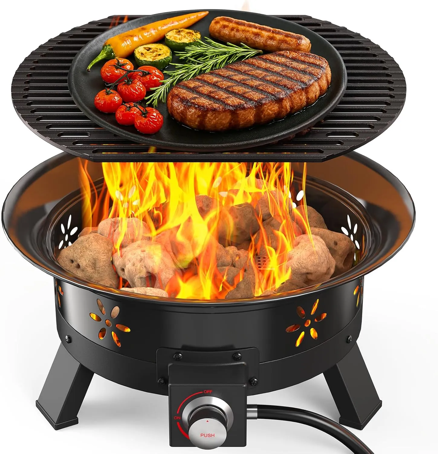 AMADA HOMEFURNISHING 19″ Propane Fire Pit with Grill Grate, 58,000 BTU, Folding Legs, Propane Tank Holder, Cover, and Carry Strap, No Ignition Needed, Easy Flame Adjustment, CSA-Certified, Portable