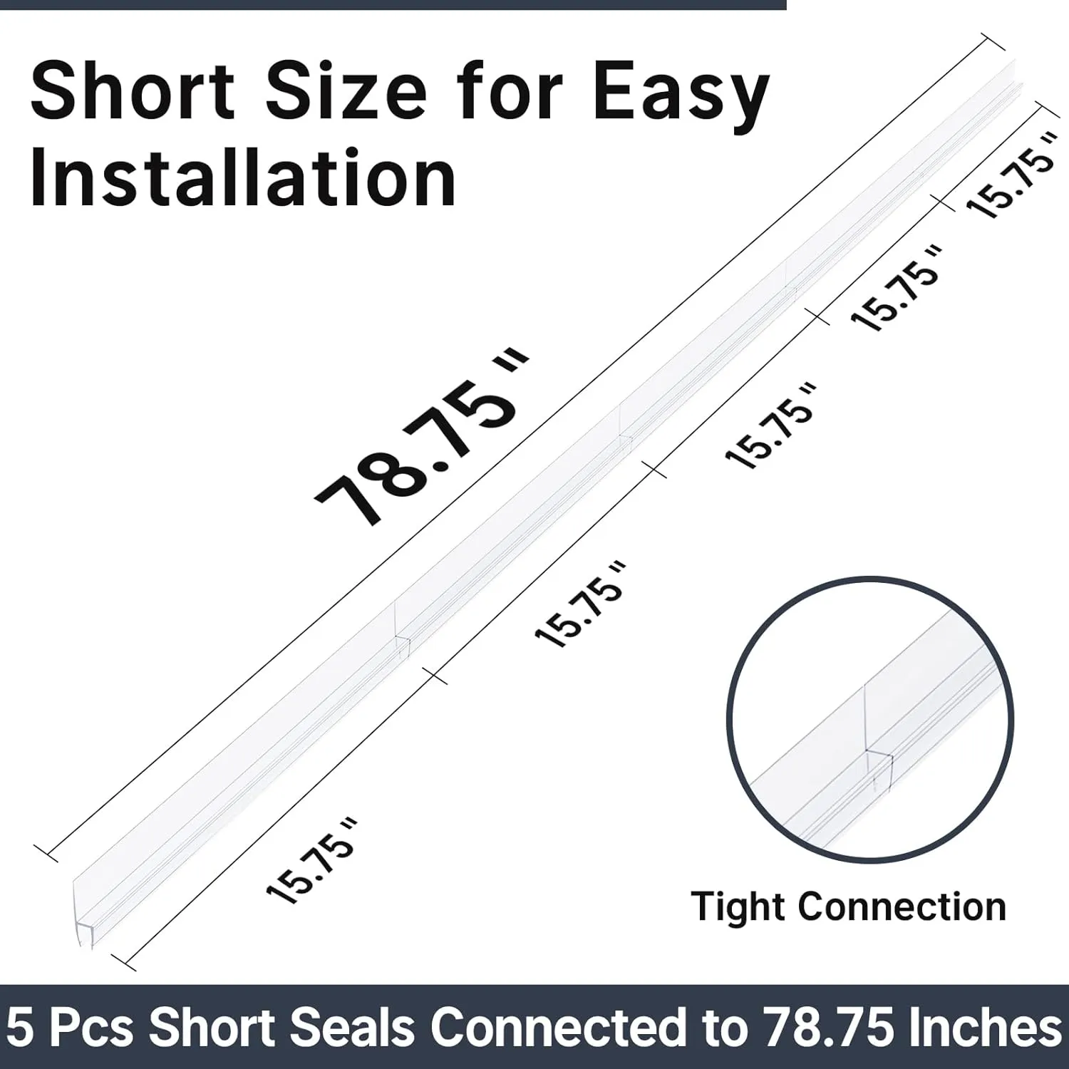 AmazerBath Shower Door Side Seal Strip 78.75 Inches (15.75inches * 5) - 5 Sections Segmented Shower Installation Kit, Frameless Glass Door Seal Strip - Suitable for 1/4 Inch Glass
