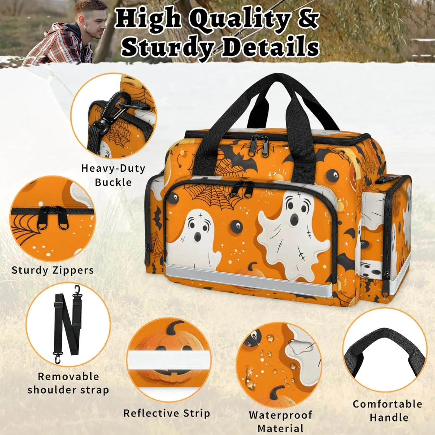 Anti-Scratch Duffle Bag for Travel 25x17.7x11.2 Inch - Waterproof Duffel Bag for Camping Fitness, Durable EMS Gear for First Responders Halloween Bat Pumpkin