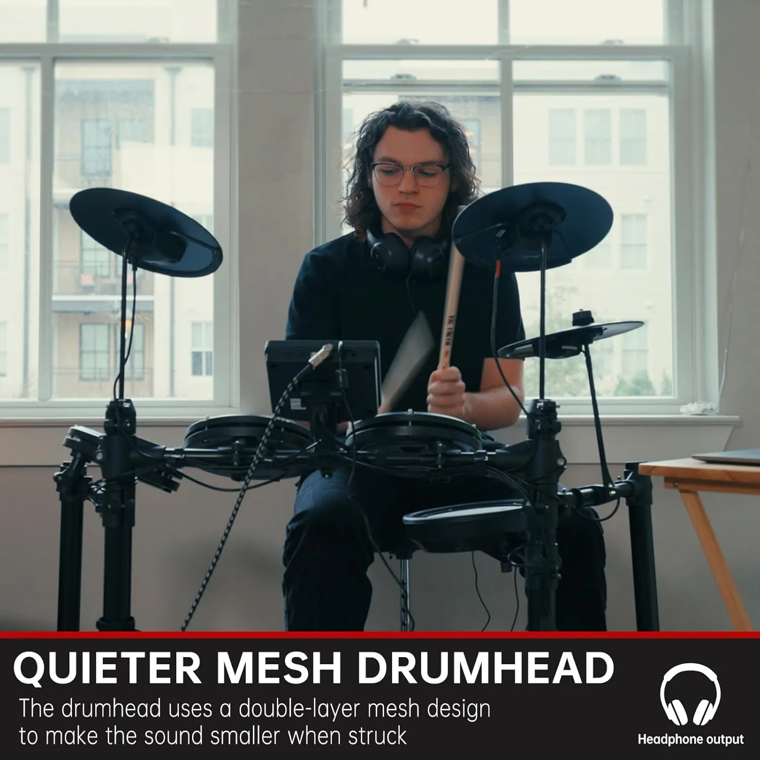 AODSK Electric Drum Set with Quiet Mesh Pads,Electronic Drum for Beginner,USB MIDI,Throne,Headphones,Sticks, Included 15 Kits and 195 Sounds (AED-403-Teenagers Beginners)