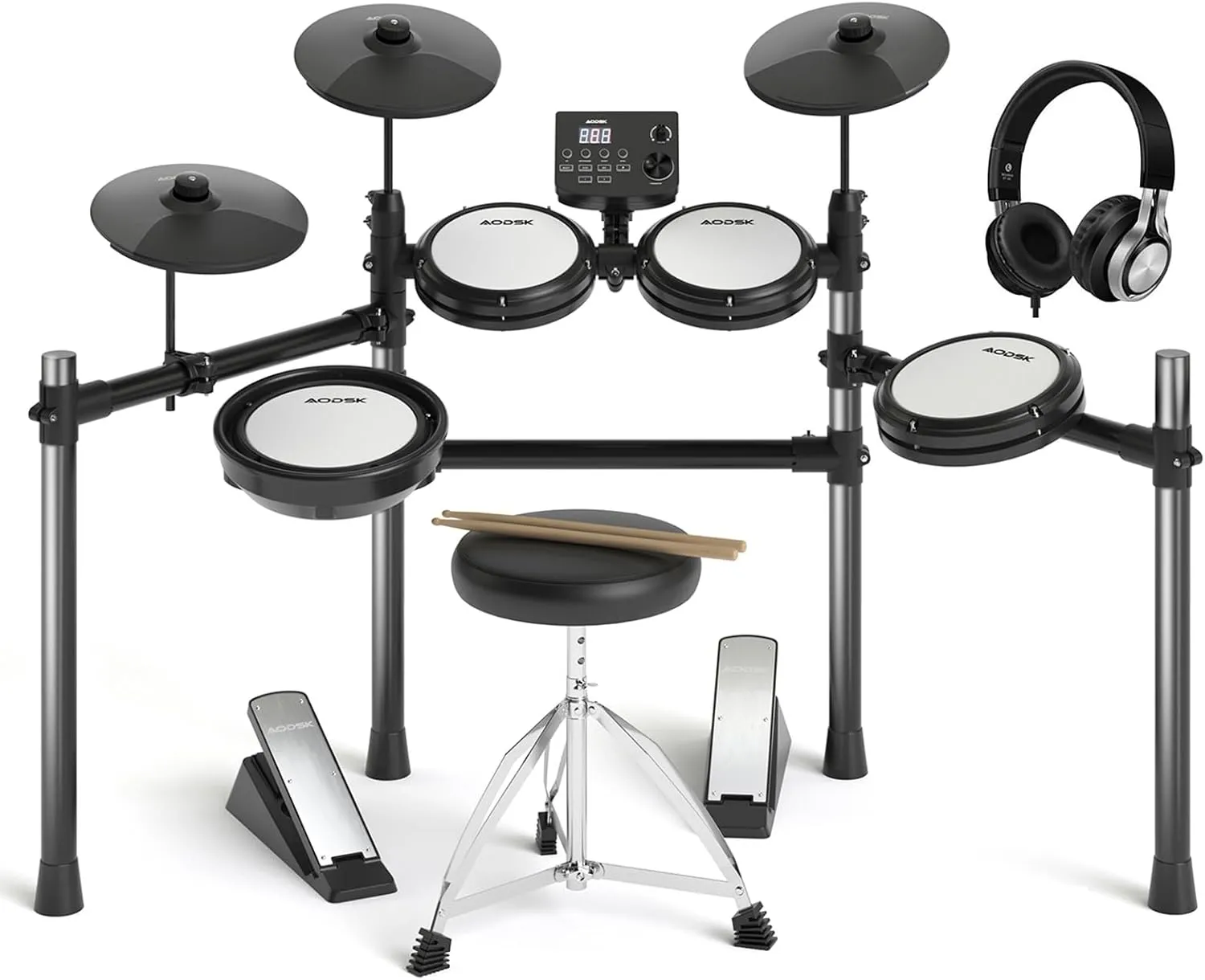 AODSK Electric Drum Set with Quiet Mesh Pads,Electronic Drum for Beginner,USB MIDI,Throne,Headphones,Sticks, Included 15 Kits and 195 Sounds (AED-403-Teenagers Beginners)