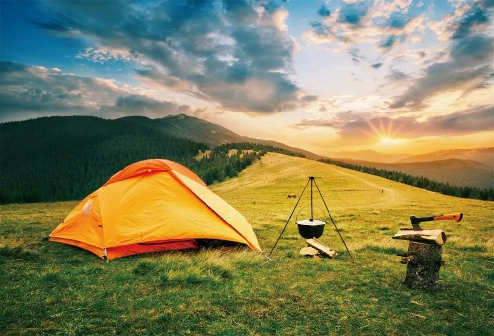 AOFOTO 6x4ft Camping Tent Backdrop Tourist Camp in Mountains Tabernacle Cauldron Fire Sunset Natural Landscape Photography Background Trip Travel Holiday Explorer Portrait Vinyl Photo Booth Prop