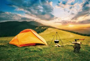 AOFOTO 6x4ft Camping Tent Backdrop Tourist Camp in Mountains Tabernacle Cauldron Fire Sunset Natural Landscape Photography Background Trip Travel Holiday Explorer Portrait Vinyl Photo Booth Prop