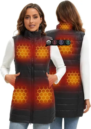 ARRIS Women`s Long Graphene Heated Vest with 8 Heat Zones, Size Adjustable Long Length Puffer Heating Vest with 7.4V Battery Pack
