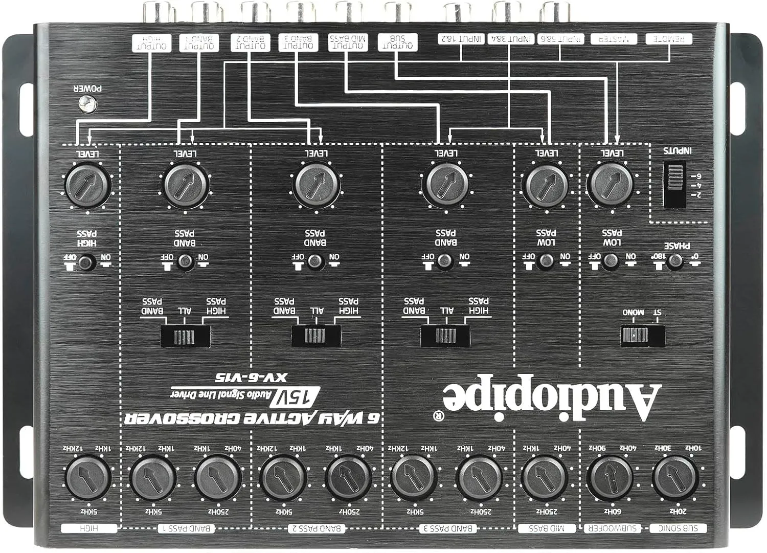 Audiopipe 6-Way Active Crossover (XV-6-V15), Multiplier Switch, Compact, Power LED Indicator, Subwoofer Bass Boost, Custom Installation, Remote Bass Knob