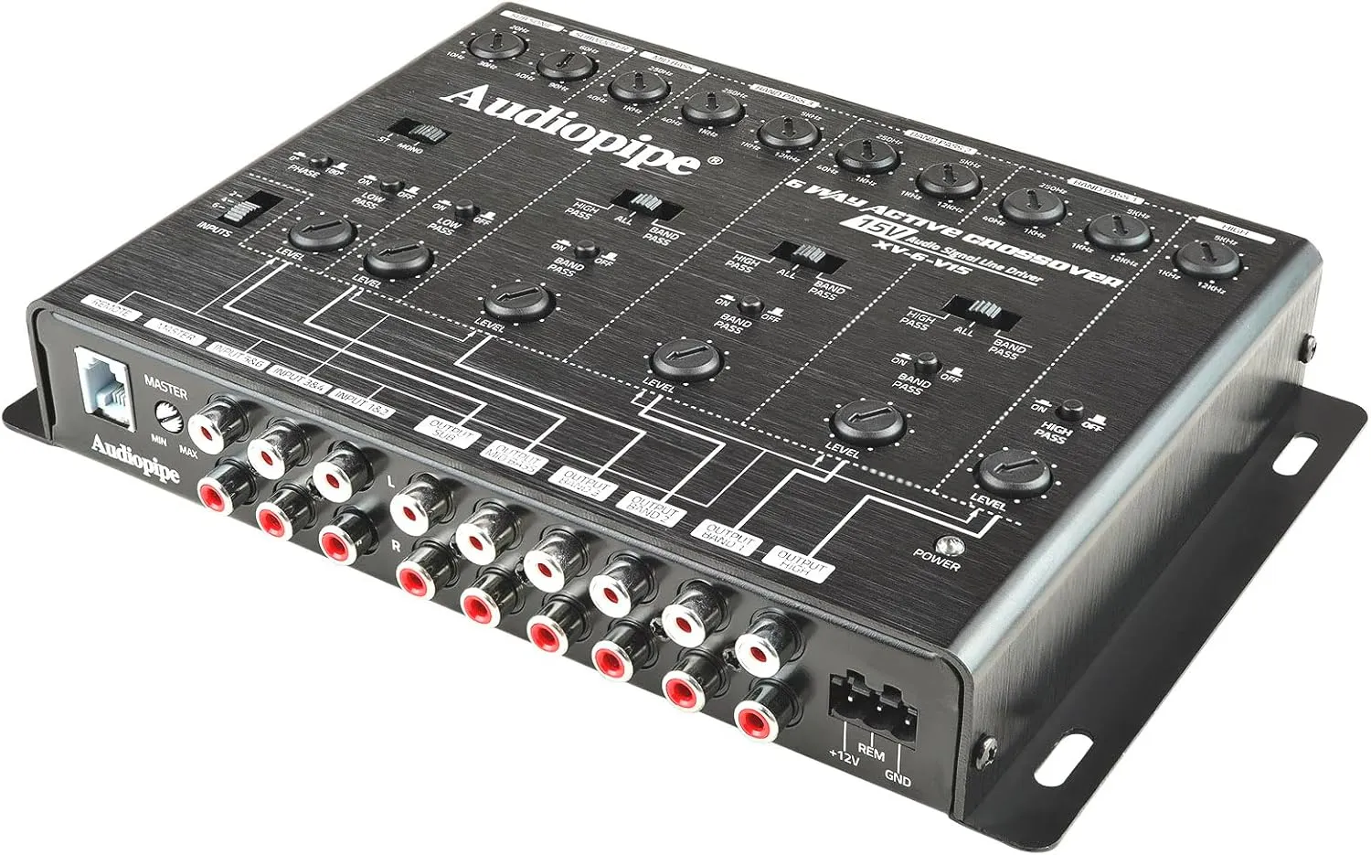 Audiopipe 6-Way Active Crossover (XV-6-V15), Multiplier Switch, Compact, Power LED Indicator, Subwoofer Bass Boost, Custom Installation, Remote Bass Knob