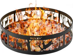 AUGESTER 36 inch Metal Fire Pit Ring with Deer Pattern Design, Heavy Duty Campfire Ring with Extra Poker for Outdoor Campfire Wood Burning and Beach Bonfire, Park Patio Backyard Activities, Black
