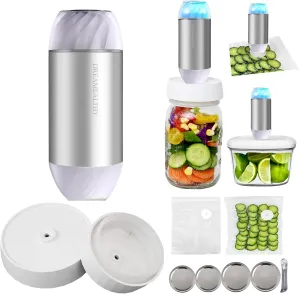 Automatic Mason Jar Sealer Kit – Vacuum Seal in 10S, Auto Stop, Compact Handheld Vacuum Sealing Machine for Canning Jars, Wide & Regular Mouth, 2 Sous Vide Bags. VP04-masonsets