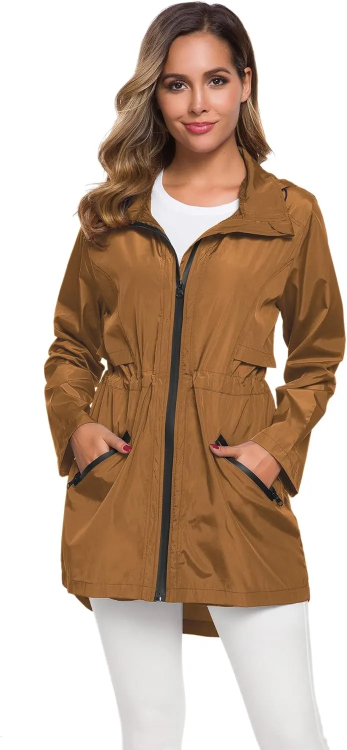 Avoogue Women's Long Raincoat with Hood Outdoor Lightweight Windbreaker Rain Jacket Waterproof
