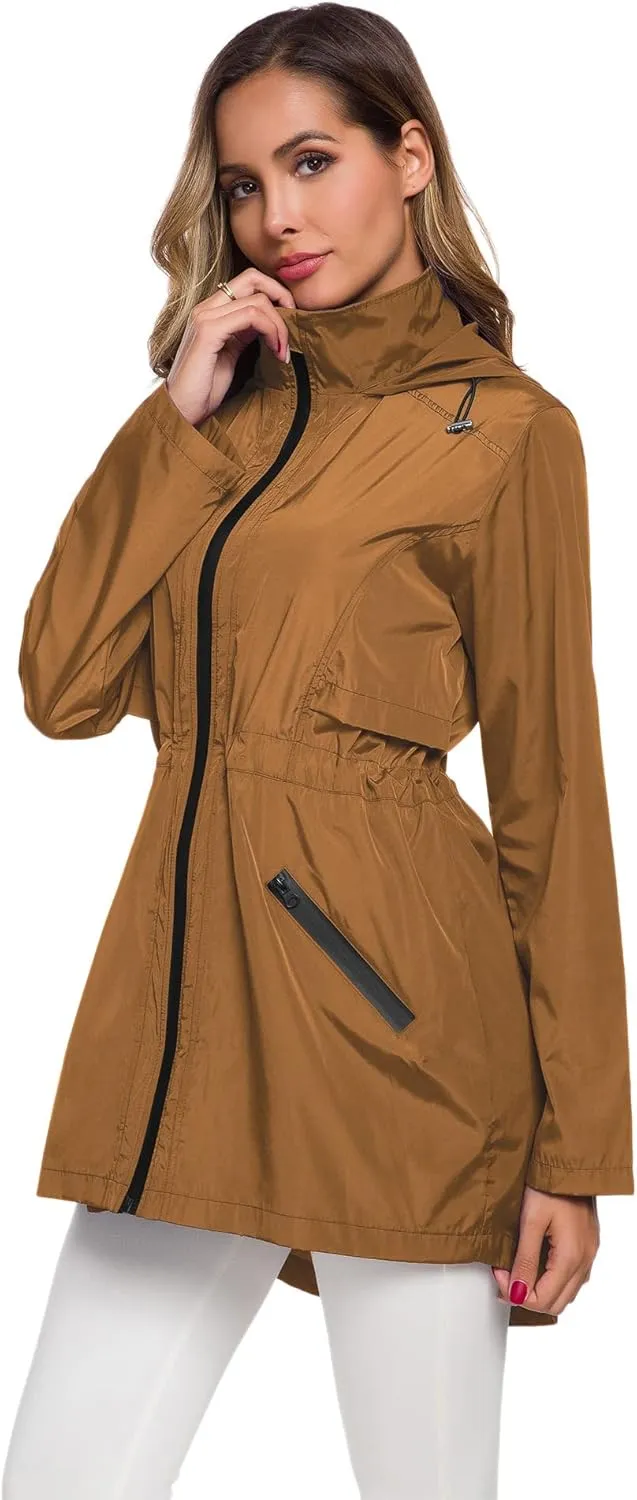 Avoogue Women's Long Raincoat with Hood Outdoor Lightweight Windbreaker Rain Jacket Waterproof