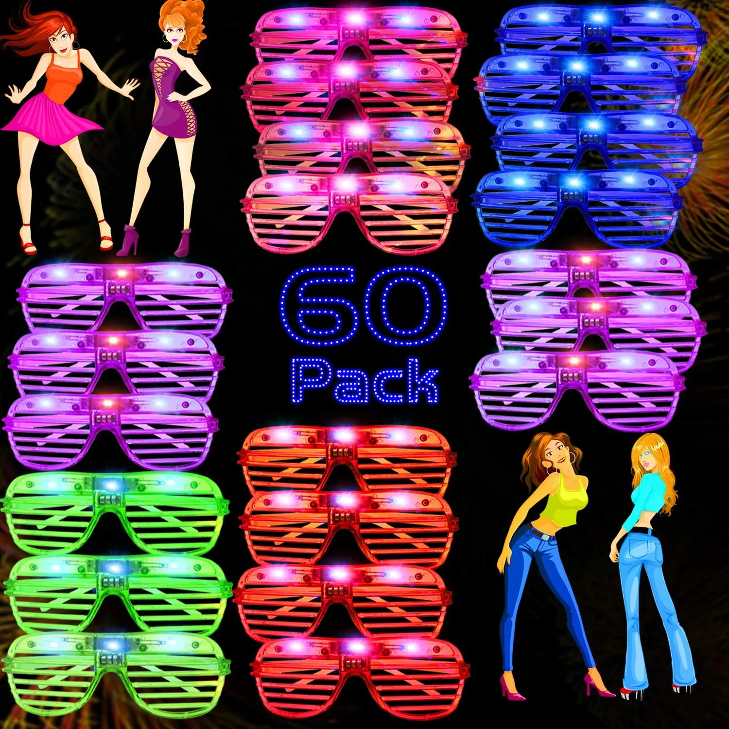 AY 60 Pack Light Up Glasses, LED Glasses Glow Glasses Neon Party Favors for Thanksgiving, Christmas, New Years Eve Halloween Birthdays, Raves & More - 5 Colors Individually Packaged