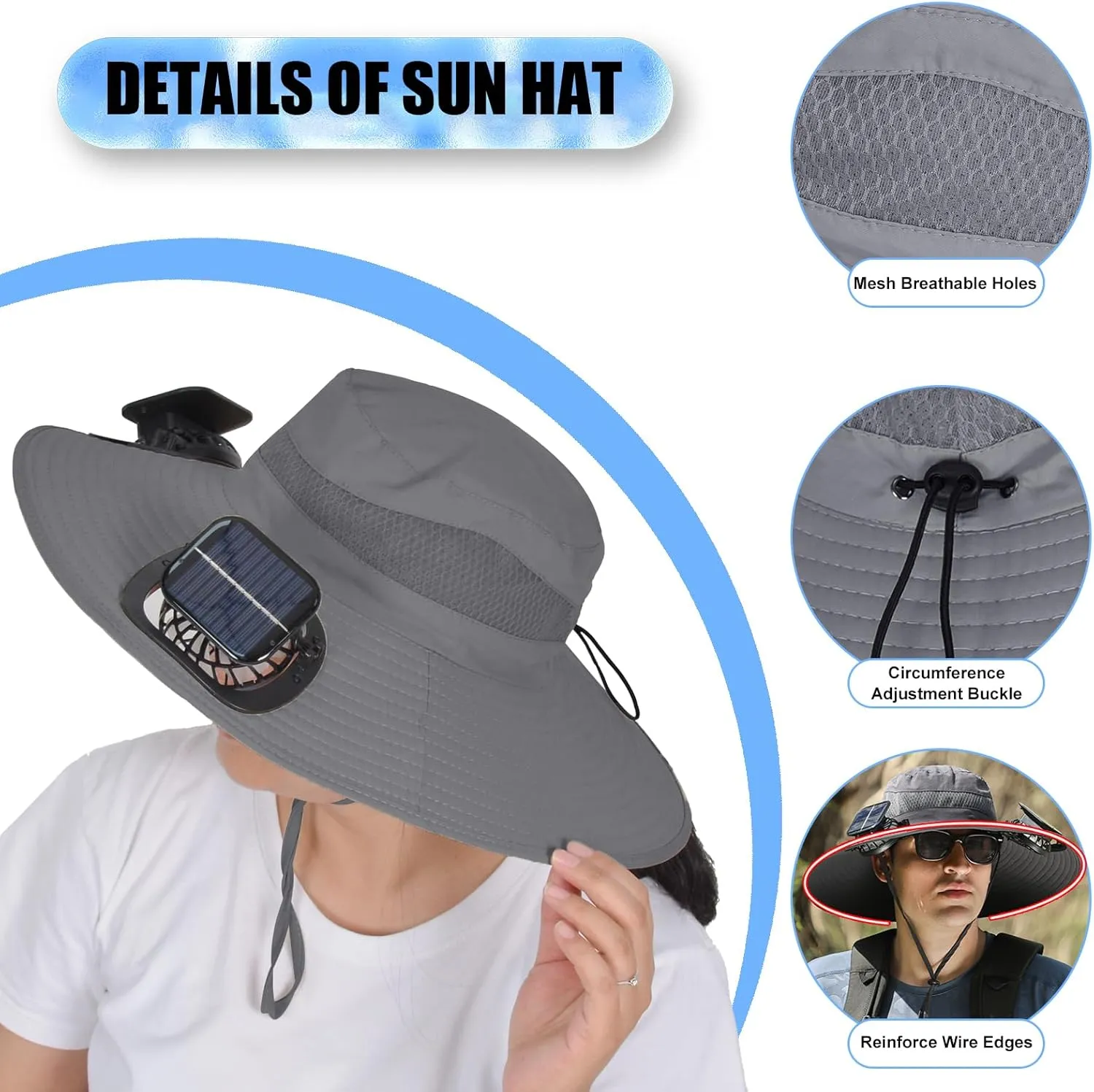 ayamaya Solar Fan Sun Hat, Widen Brim Outdoor Fishing Men Hat with 2 Fans, Adjsutable 180°Rotating Fan Cooling UPF 50  Hat