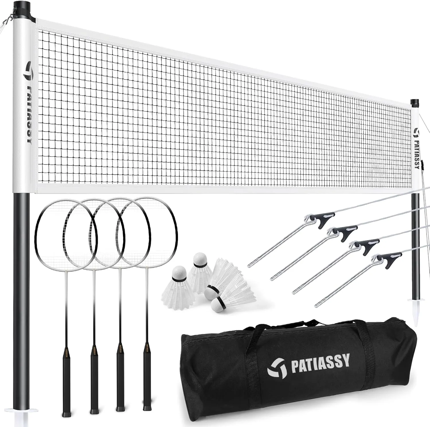 Badminton Set for Backyard, Portable Badminton Net with 4 Badminton Rackets, 4 Nylon Shuttlecocks and Carry Bag, for Lawn Beach Family Games