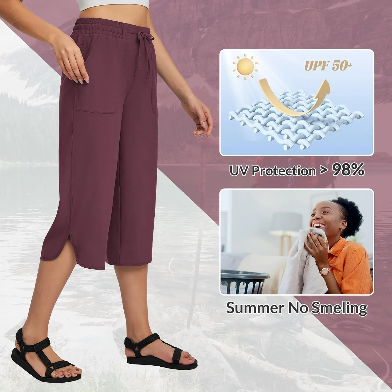 baleaf Women's Capri Pants Wide Leg Plus Size UPF50  Lightweight Quick Dry Pants Casual Loose Sweatpants Hiking Walking
