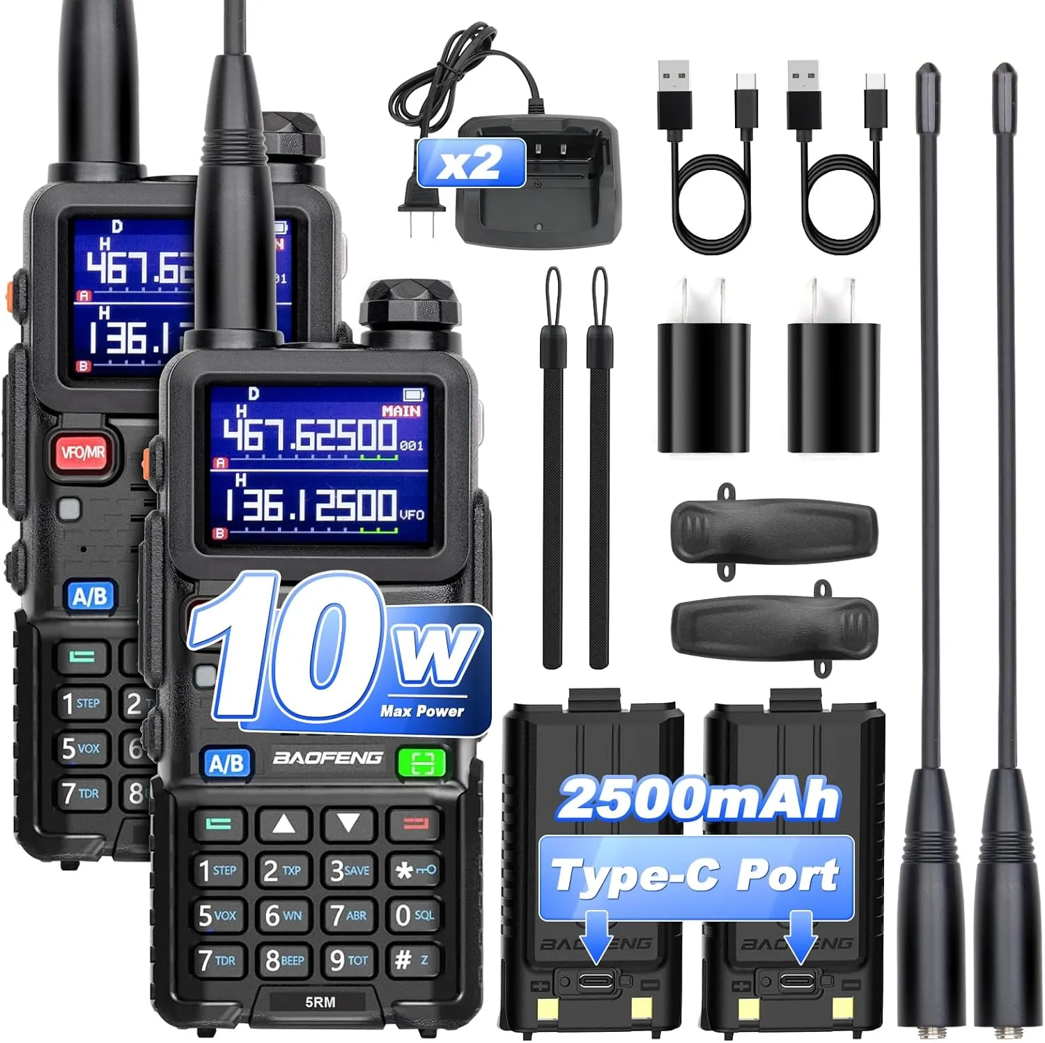 BAOFENG Ham Radio UV-5RM 10W High Power Long Range Two Way Radio,NOAA Weather Radio,DTMF, Copy Frequency,999CH, Rechargeable Walkie Talkies with USB-C Charging 2500mAh Battery,2 Pack