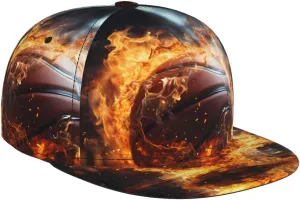 Basketball on Fire and Water Flame Splashing Outdoor Sports Baseball Cap, Daily Sports Adjustable Fashionable Flat Brim hat, Unisex Four-Season Outdoor Sports Cap, Black