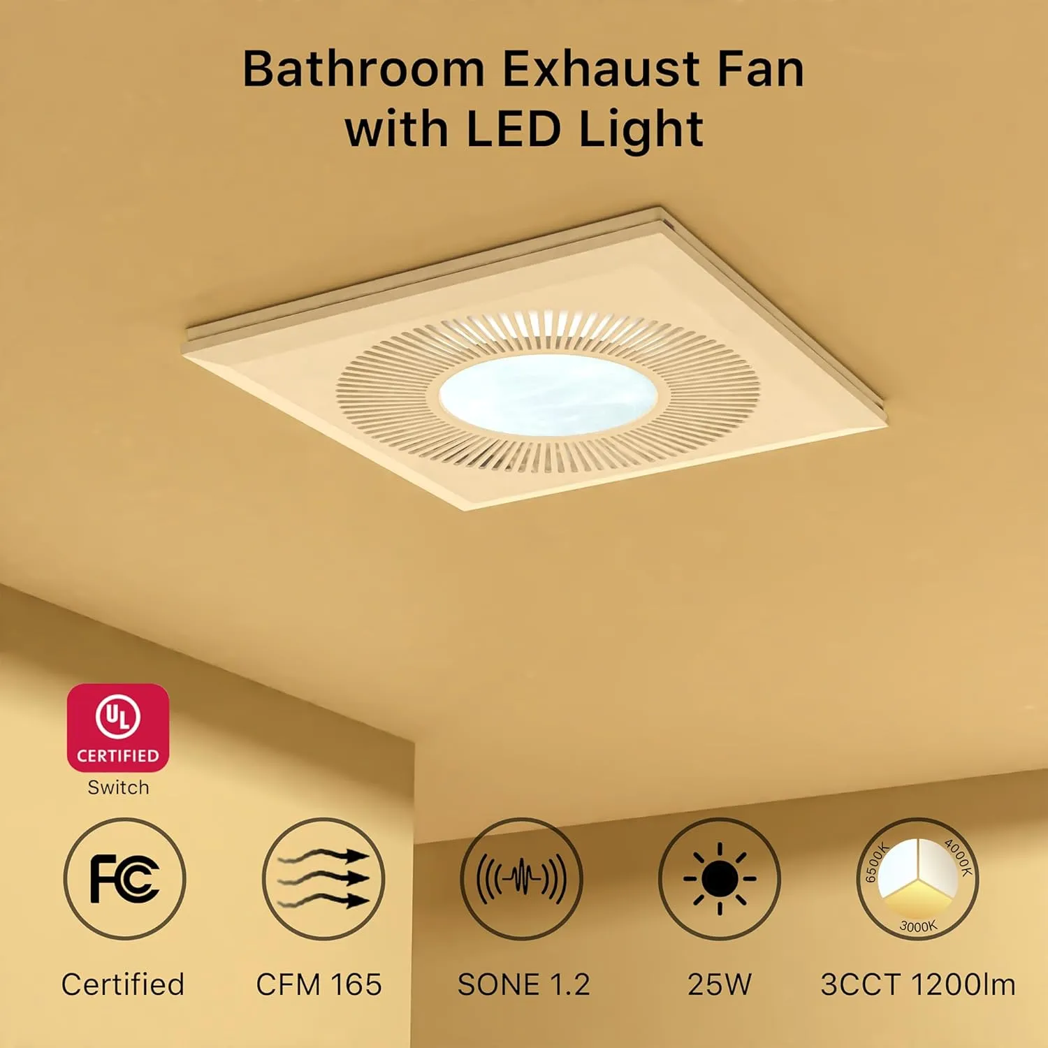 Bathroom Exhaust Fan with Light 11.8IN 165 CFM 1.2 Sones Shower Bathroom Vent Fan with 3CCT 15w Led Light Combo Quiet Bath Ceiling Exhaust Fan with Adjustable Led Light 3000k/4000k/6500k For Home Bath