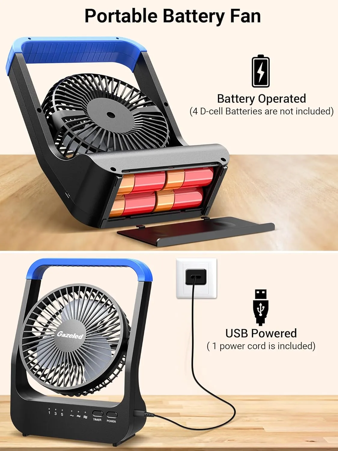 Battery Operated Fan, Camping Fan Battery Powered, Super Long Lasting, Portable D-Cell Battery Powered Desk Fan with Timer, 3 Speeds, Quiet, 180° Rotation, for Office,Bedroom,Outdoor, 5'', Blue