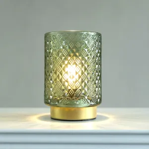 Battery Operated Lamp with Timer, Small Table Lamp with LED Bulb, Glass Cordless Lamps Beside Table Light for Living Room, Bedroom, Entryway Diamond Design-Green