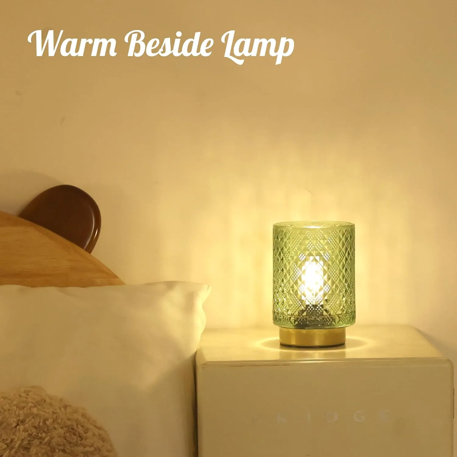 Battery Operated Lamp with Timer, Small Table Lamp with LED Bulb, Glass Cordless Lamps Beside Table Light for Living Room, Bedroom, Entryway Diamond Design-Green