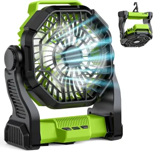 Battery Powered Fan Rechargeable, Real 10000mAh Portable Camping Fans for Tents, 10-Inch Cordless Battery Fans with LED Lights, Quiet Outdoor Fan for Travel, Hurricane, Power Outage, Green