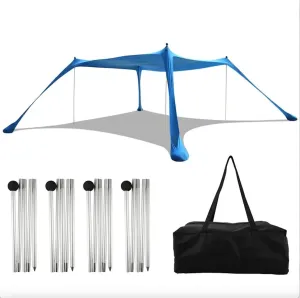 Beach Umbrella Tent Sun Shade UPF50  Protection, Sand Shovel, Ground Pegs & 4 Aluminium Stability Poles, Outdoor Beach Shade Canopy for Camping, Fishing, Picnics, Backyard,Tent Houses 10x10 Ft