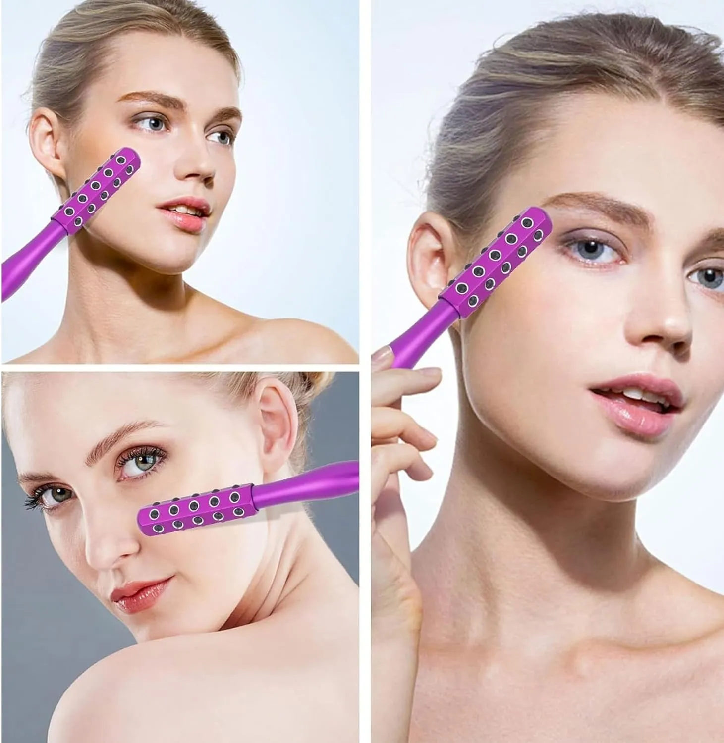 Beauty Roller, 4/5 Holes Facial Massaging Portable Tool with Small Cloth Bag and Scraping Board for All Women Lifting and Care, Manual Relaxation(Purple,4 Holes)