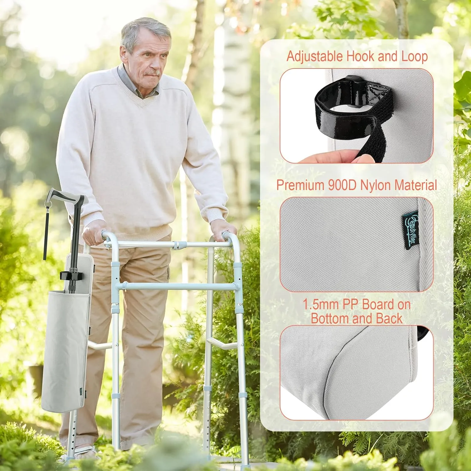 Beautyflier Walking Cane or Stick Holder, Removable Cane Hanging Bag for Wheelchair, Walker, Mobility Scooters, Walking Stick Organizer with Adjustable Hook and Loop, Holder Only (Gray)
