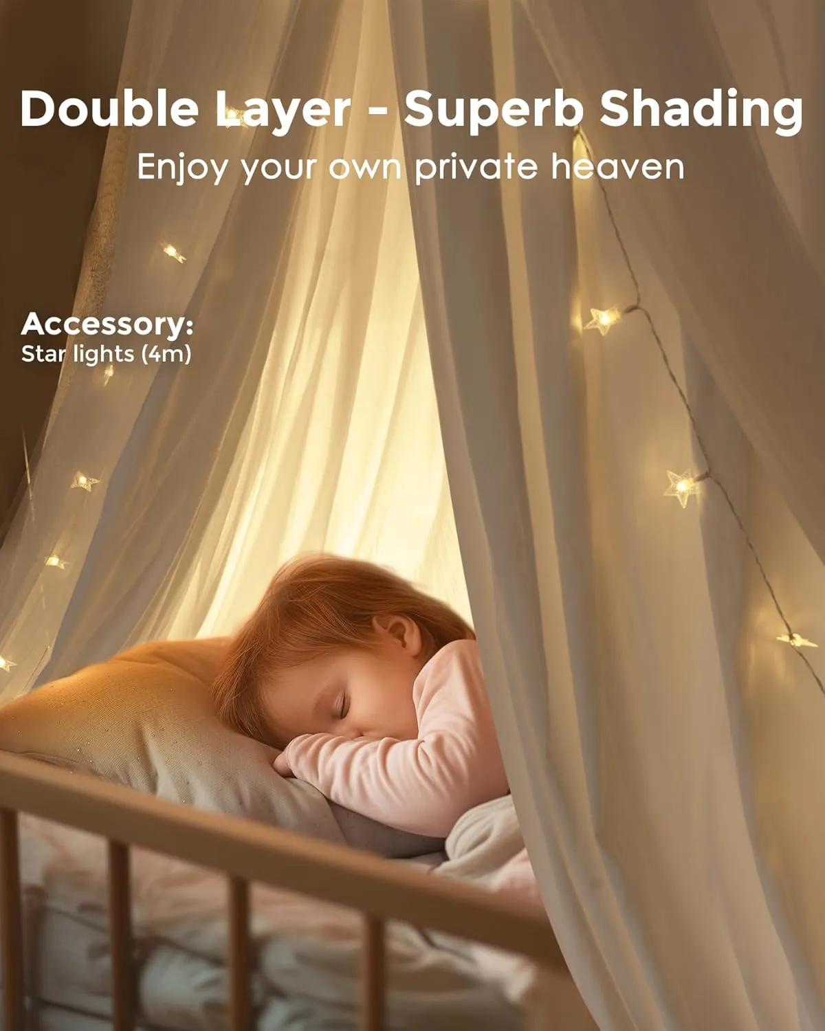 Bed Canopy with Star Lights, Double Layer Canopy for Bed, Princess Play Tent for Girls Room, Breathable Canopy Bed Curtain for Children Reading Nook, Machine Washable Canopy, 25.6''x106'', White