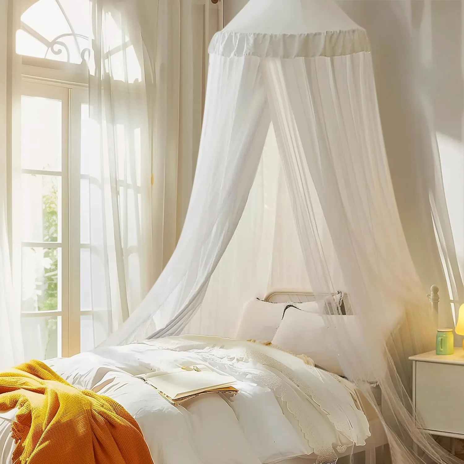 Bed Canopy with Star Lights, Double Layer Canopy for Bed, Princess Play Tent for Girls Room, Breathable Canopy Bed Curtain for Children Reading Nook, Machine Washable Canopy, 25.6''x106'', White