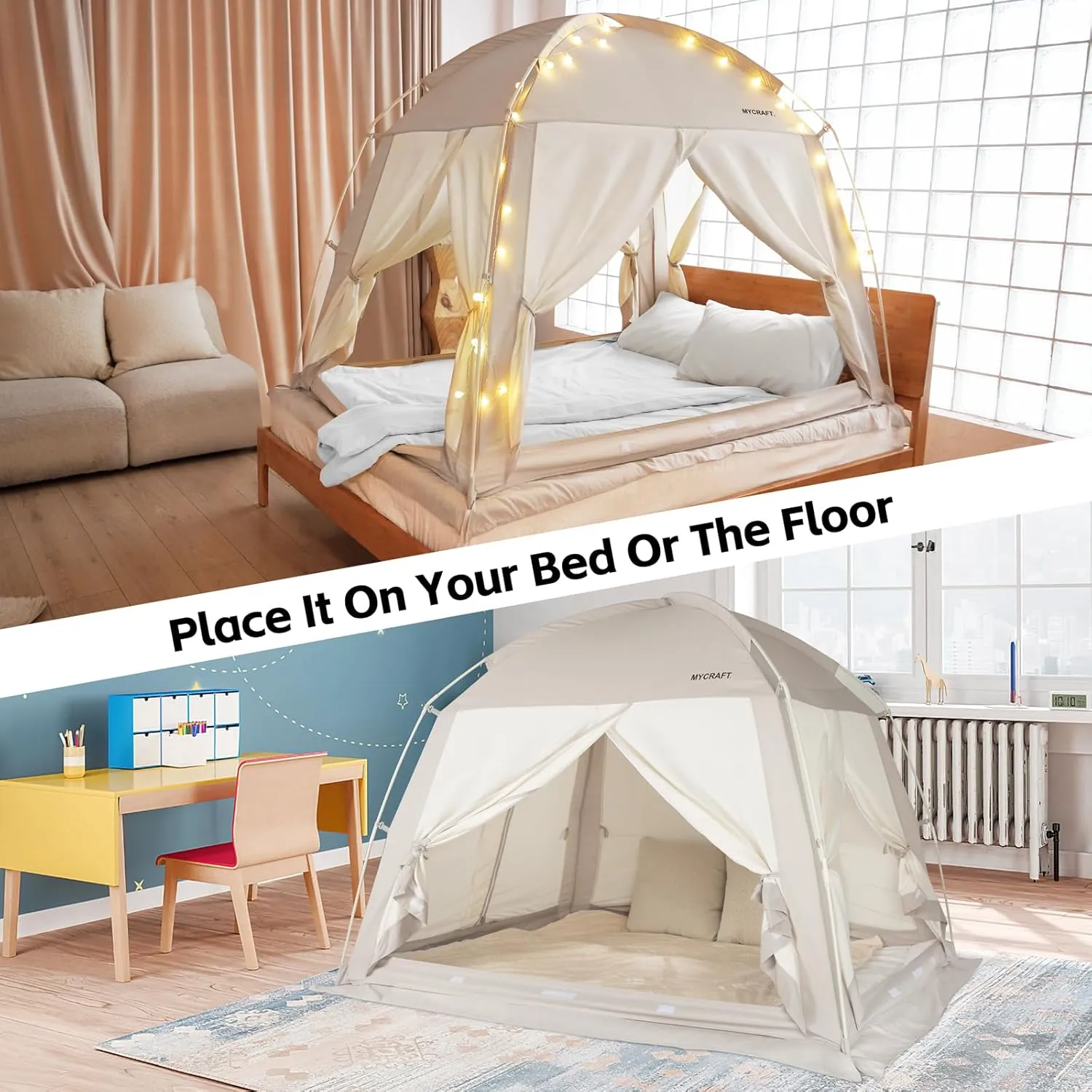 Bed Tents Canopy Bed–Privacy Dream Tent for Cozy Indoor Sleeping, Light-Reducing,and Breathable, with 4 Doors Floor Tent Bed–Available in Twin, Full, and Queen Sizes