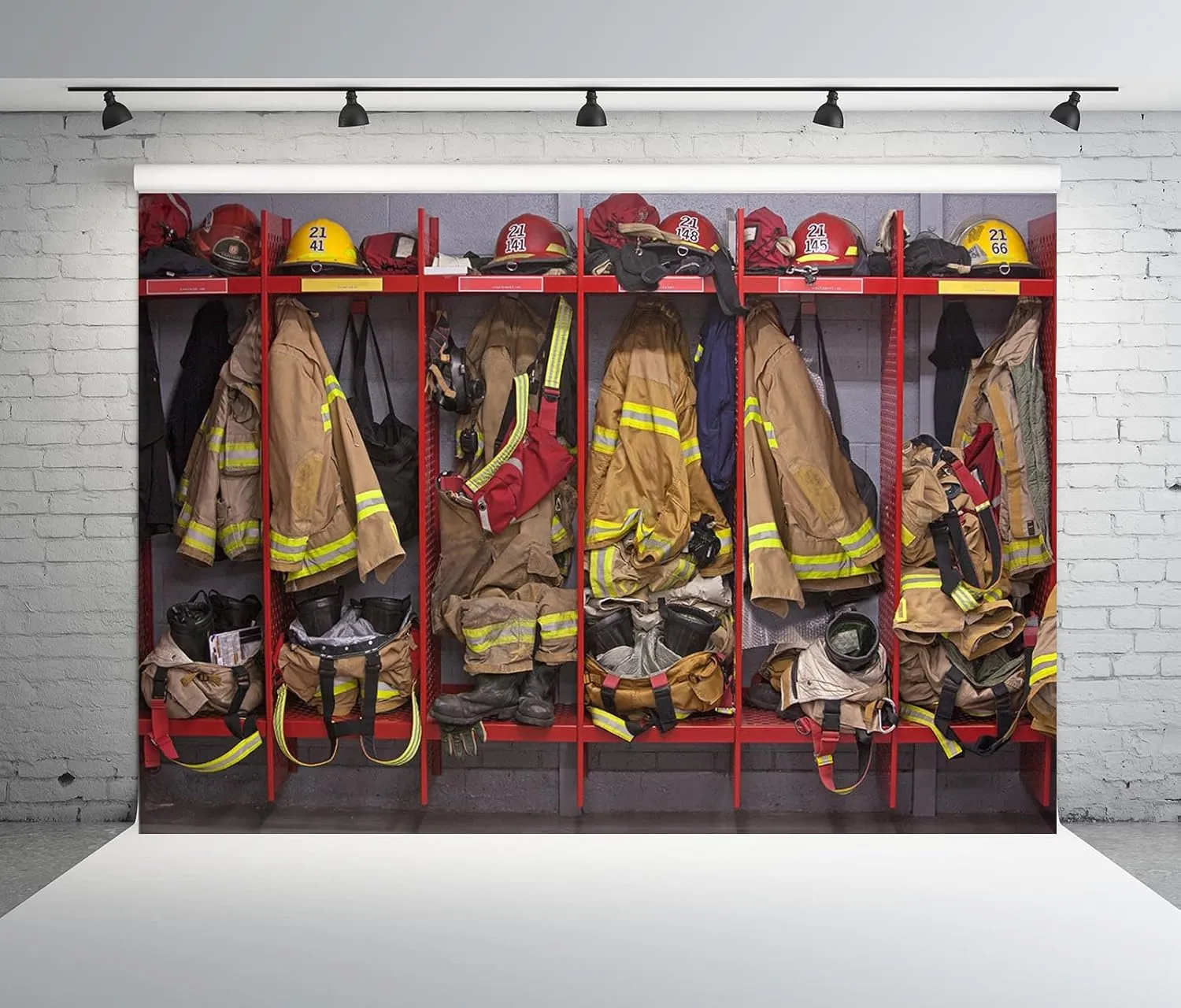 BELECO 8x6ft Fabric Firefighter Locker Room Backdrop for Photography Fire Station Interior Firefighter Suits Equipments Background Fireman Firefighters Backdrop Birthday Party Decor Photo Props