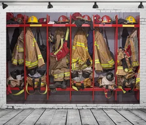 BELECO 8x6ft Fabric Firefighter Locker Room Backdrop for Photography Fire Station Interior Firefighter Suits Equipments Background Fireman Firefighters Backdrop Birthday Party Decor Photo Props