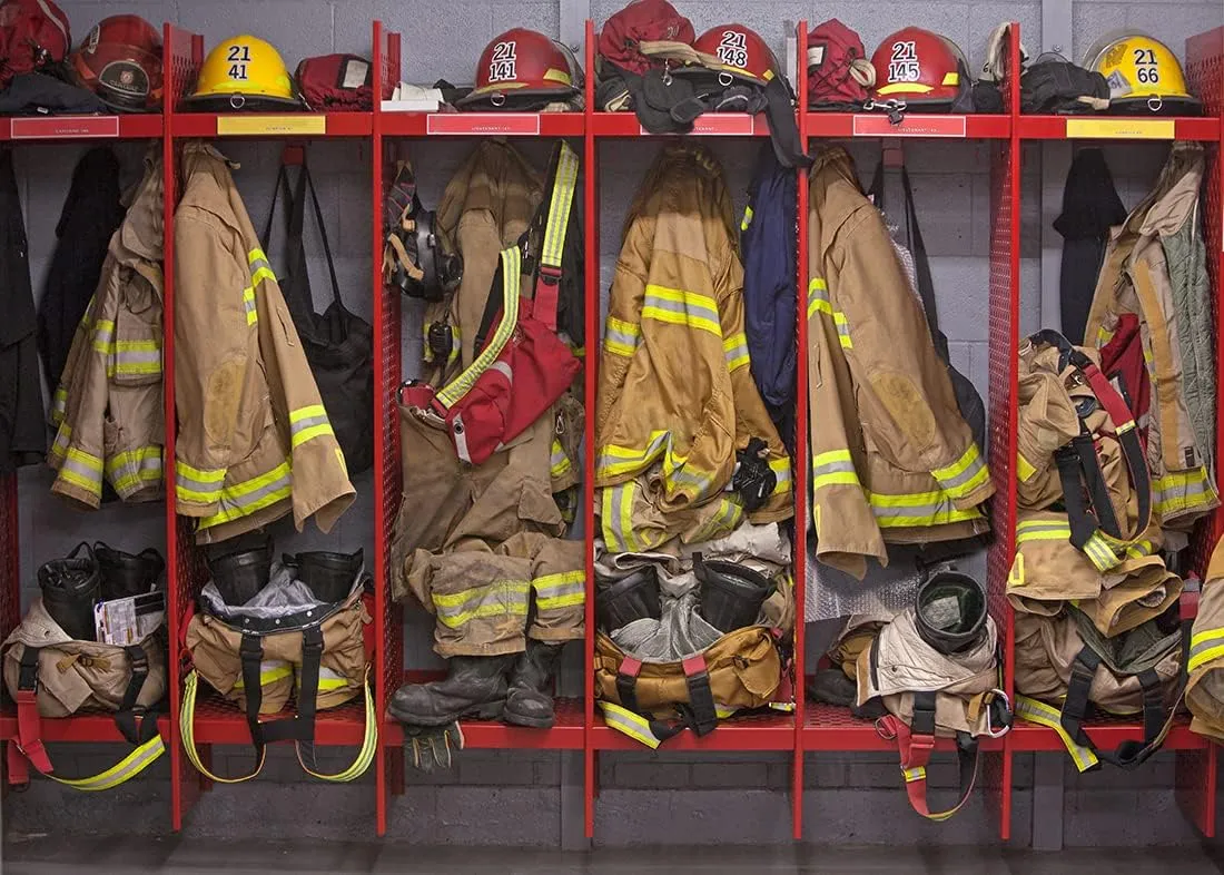 BELECO 8x6ft Fabric Firefighter Locker Room Backdrop for Photography Fire Station Interior Firefighter Suits Equipments Background Fireman Firefighters Backdrop Birthday Party Decor Photo Props