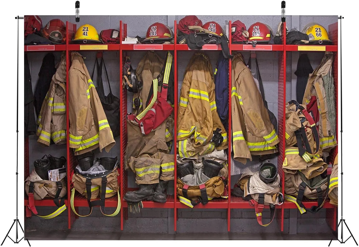 BELECO 8x6ft Fabric Firefighter Locker Room Backdrop for Photography Fire Station Interior Firefighter Suits Equipments Background Fireman Firefighters Backdrop Birthday Party Decor Photo Props