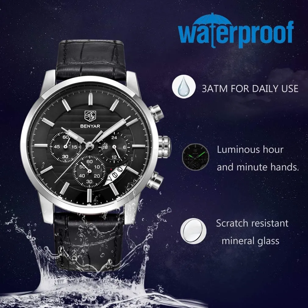 BENYAR Quartz Chronograph Waterproof Watches Business and Sport Design Leather Band Strap Wrist Watch for Men