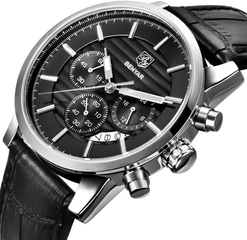 BENYAR Quartz Chronograph Waterproof Watches Business and Sport Design Leather Band Strap Wrist Watch for Men
