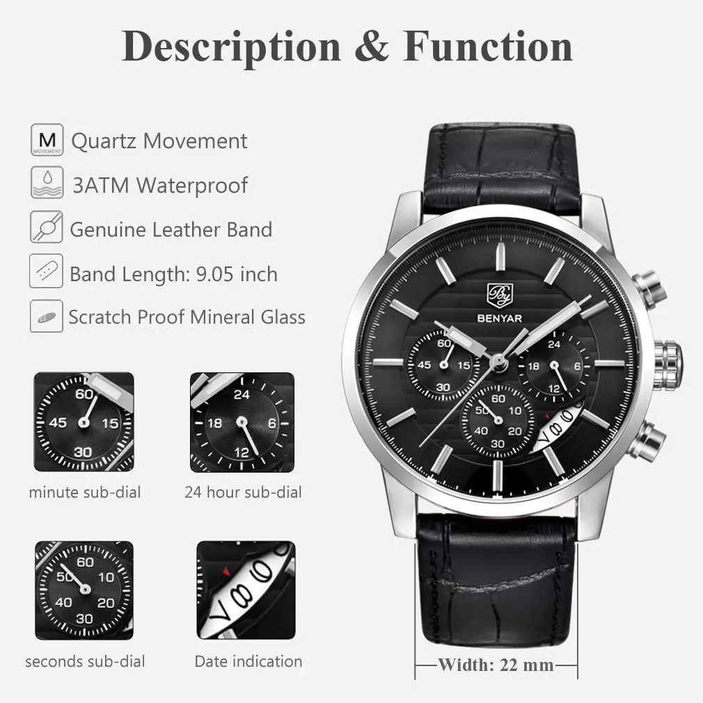 BENYAR Quartz Chronograph Waterproof Watches Business and Sport Design Leather Band Strap Wrist Watch for Men