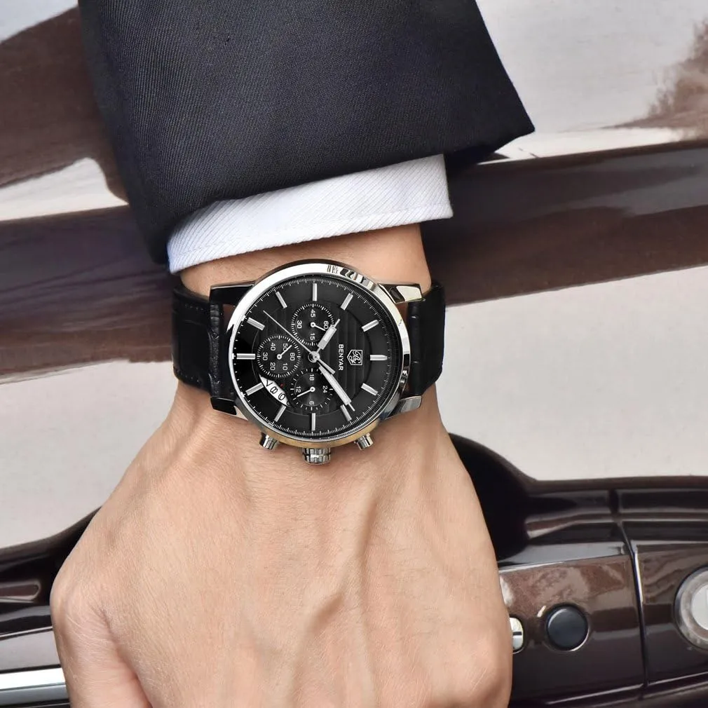 BENYAR Quartz Chronograph Waterproof Watches Business and Sport Design Leather Band Strap Wrist Watch for Men