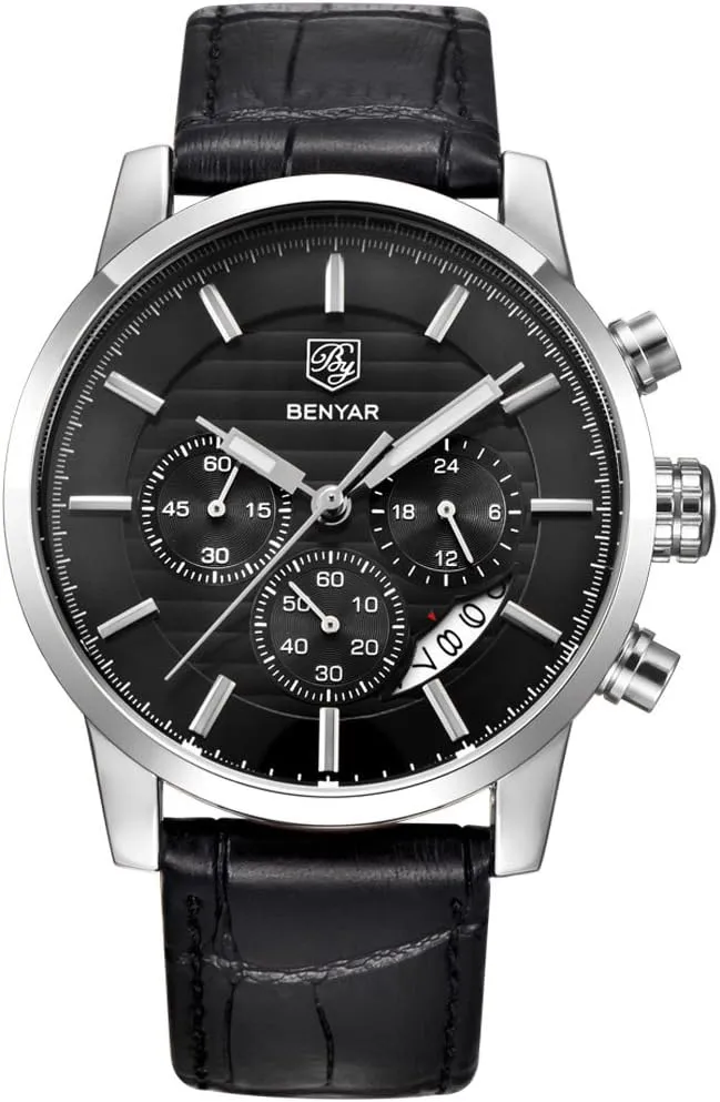 BENYAR Quartz Chronograph Waterproof Watches Business and Sport Design Leather Band Strap Wrist Watch for Men