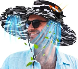 Berlune Men Sun Hat with 2 Solar Fan Fishing Wide Brim Sun Hat for Outdoor Summer Camping Beach, USB & Solar Powered
