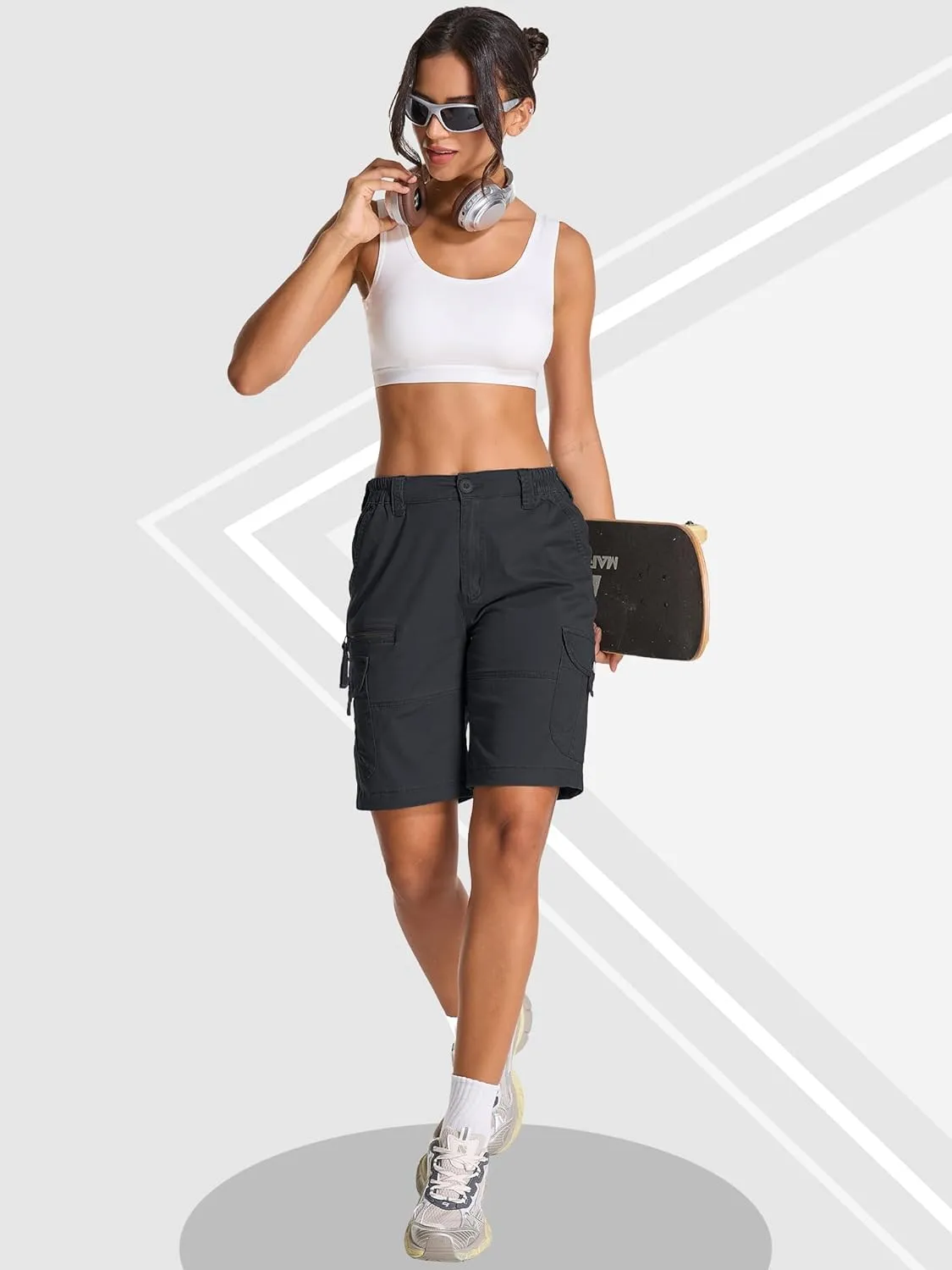 Bermuda Womens Cargo Shorts Lightweight Cotton Casual Hiking Shorts Multi-Pockets Elastic Waist