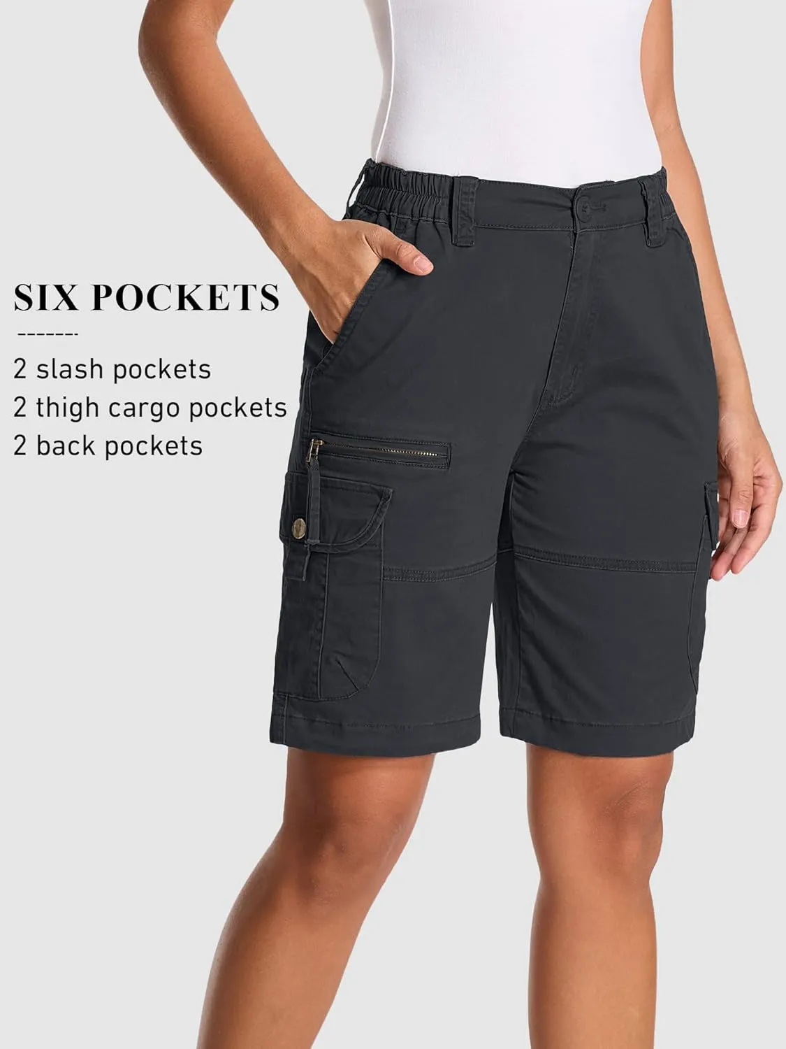 Bermuda Womens Cargo Shorts Lightweight Cotton Casual Hiking Shorts Multi-Pockets Elastic Waist