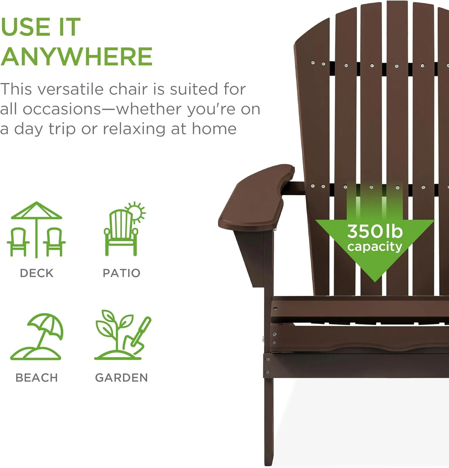 Best Choice Products Folding Adirondack Chair Outdoor Wooden Accent Furniture Fire Pit Lounge Chairs for Yard, Garden, Patio w/ 350lb Weight Capacity - Brown
