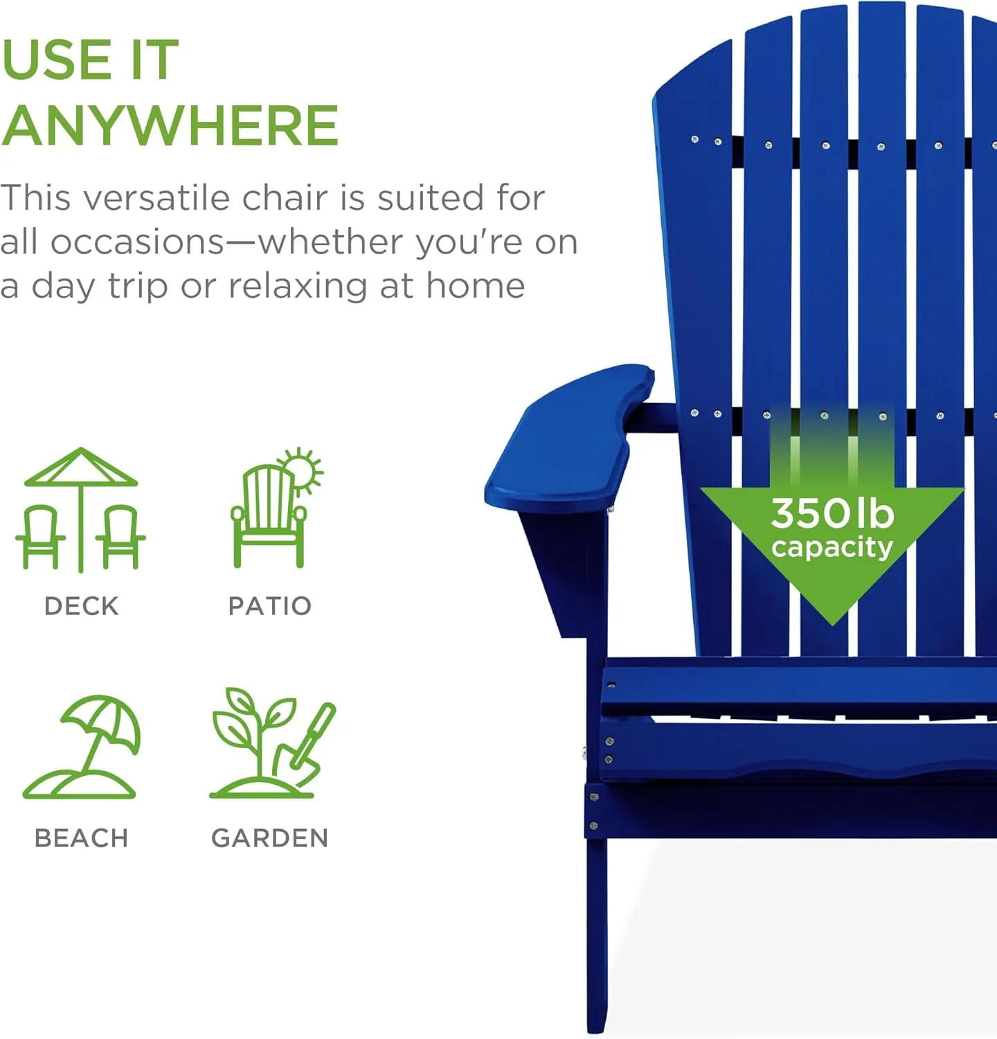 Best Choice Products Folding Adirondack Chair Outdoor Wooden Accent Furniture Fire Pit Lounge Chairs for Yard, Garden, Patio w/ 350lb Weight Capacity - Cobalt Blue