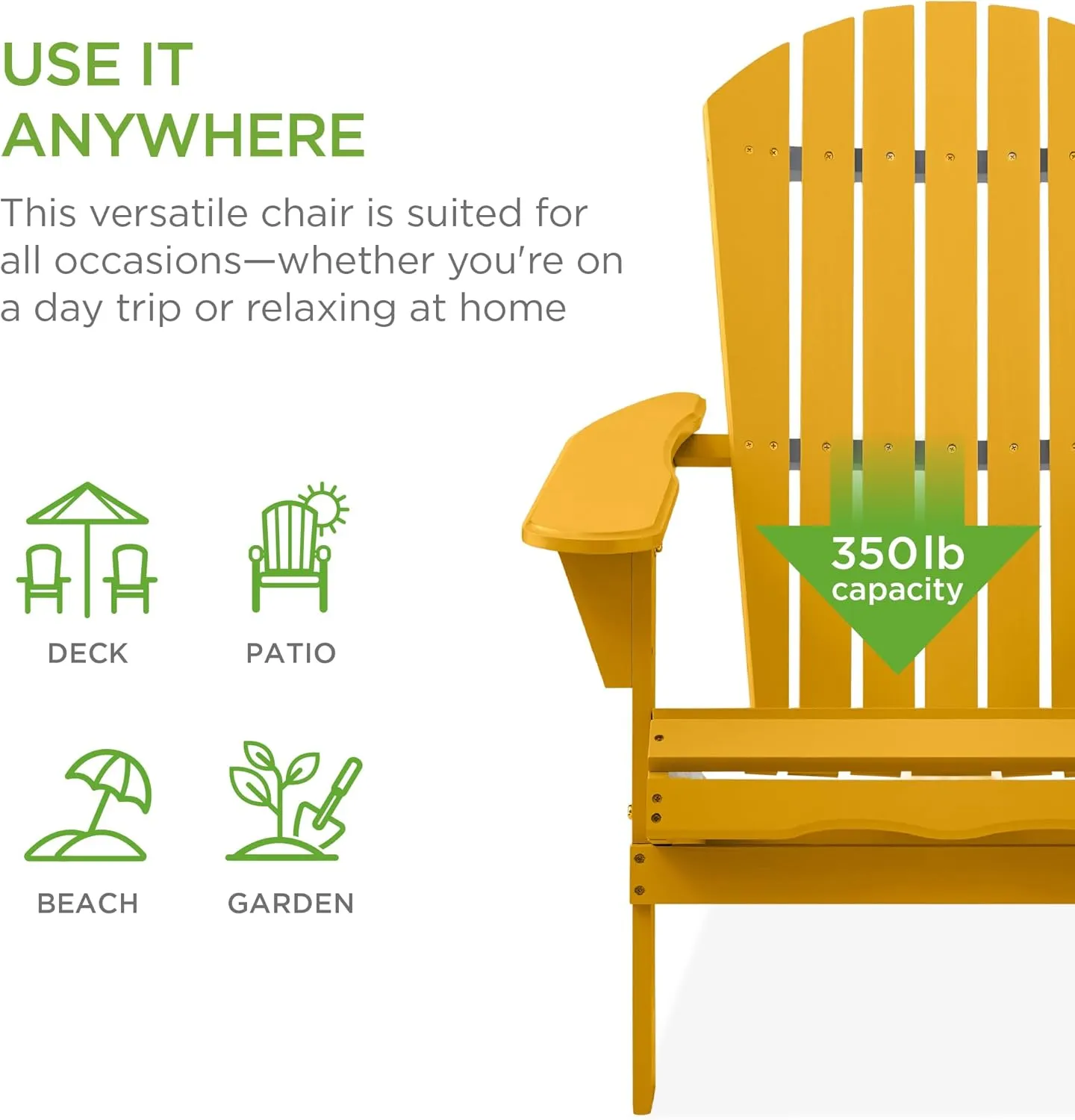 Best Choice Products Folding Adirondack Chair Outdoor Wooden Accent Furniture Fire Pit Lounge Chairs for Yard, Garden, Patio w/ 350lb Weight Capacity - Marigold Yellow