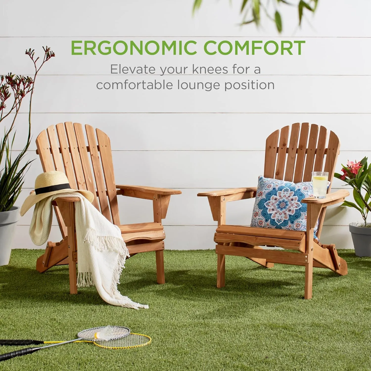 Best Choice Products Folding Adirondack Chair Outdoor Wooden Accent Furniture Fire Pit Lounge Chairs for Yard, Garden, Patio w/ 350lb Weight Capacity - Natural