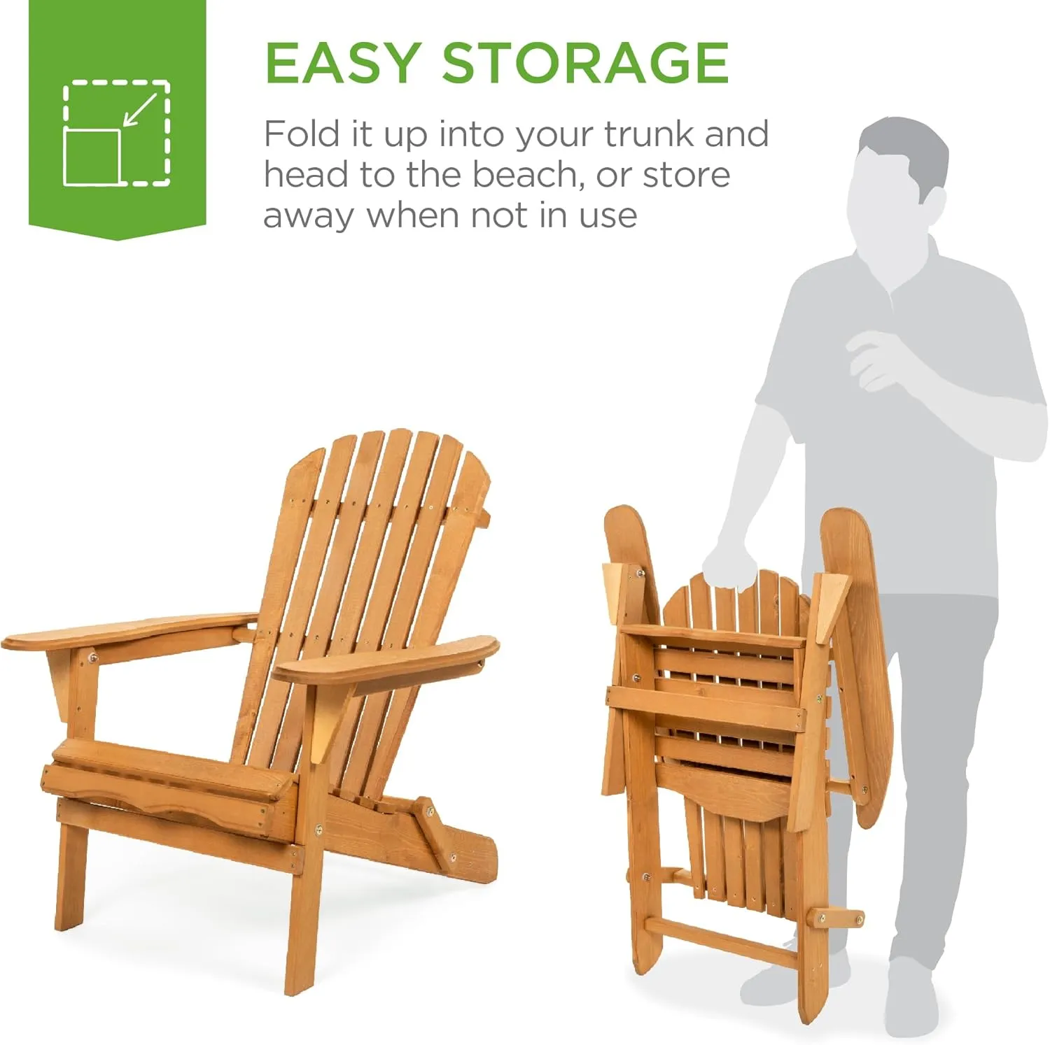 Best Choice Products Folding Adirondack Chair Outdoor Wooden Accent Furniture Fire Pit Lounge Chairs for Yard, Garden, Patio w/ 350lb Weight Capacity - Natural