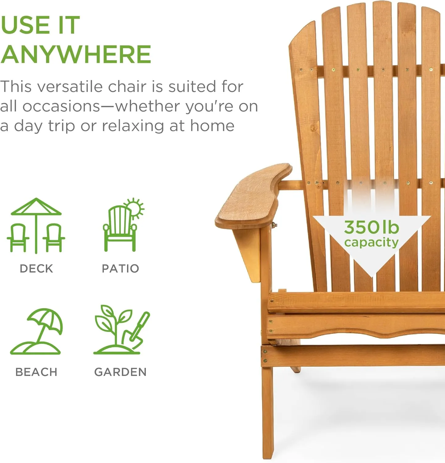 Best Choice Products Folding Adirondack Chair Outdoor Wooden Accent Furniture Fire Pit Lounge Chairs for Yard, Garden, Patio w/ 350lb Weight Capacity - Natural